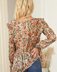 Light Gray Floral V-Neck Babydoll Blouse