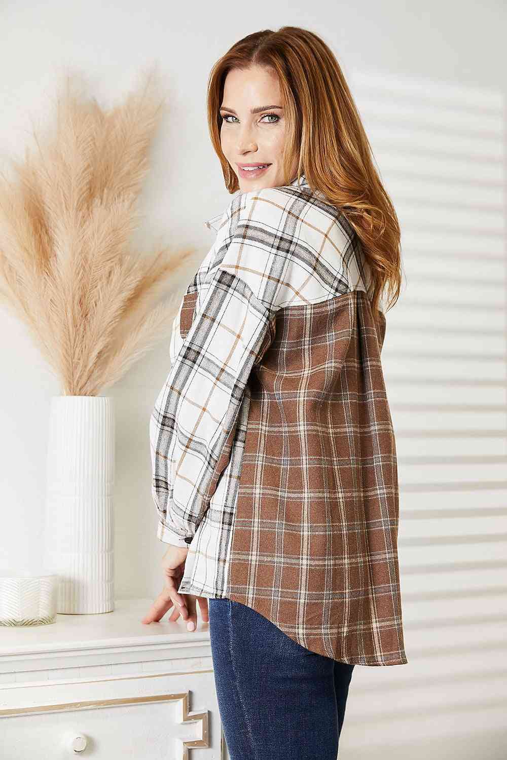 Light Gray Double Take Plaid Contrast Button Up Shirt Jacket Sentient Beauty Fashions Apparel & Accessories