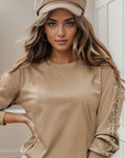 Rosy Brown Lace Detail Round Neck Long Sleeve T-Shirt