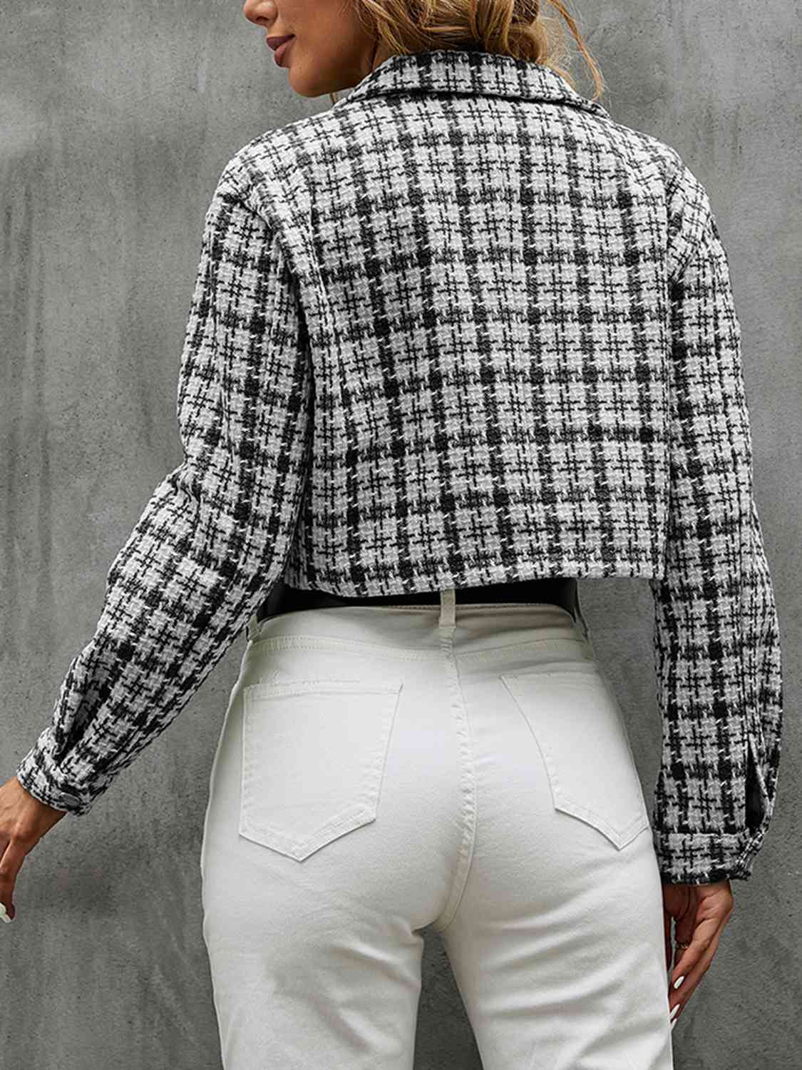 Slate Gray Plaid Button Up Collared Neck Long Sleeve Jacket Sentient Beauty Fashions jackets