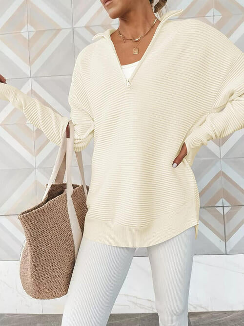Light Gray Half Zip Long Sleeve Knit Top Sentient Beauty Fashions Apparel &amp; Accessories