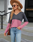 Light Slate Gray V-Neck Long Sleeve Two-Tone T-Shirt