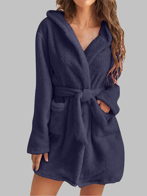Gray Tie Waist Hooded Robe Sentient Beauty Fashions Apparel & Accessories