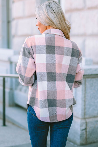 Gray Plaid Button Up Dropped Shoulder Jacket Sentient Beauty Fashions Apparel &amp; Accessories
