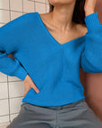 Dark Slate Blue V-Neck Dropped Shoulder Long Sleeve Sweater Sentient Beauty Fashions Apparel & Accessories