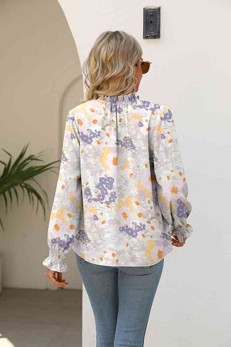 Light Gray Printed Tie Neck Flounce Sleeve Blouse Sentient Beauty Fashions Apparel &amp; Accessories