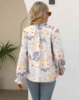 Light Gray Printed Tie Neck Flounce Sleeve Blouse Sentient Beauty Fashions Apparel & Accessories