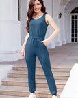 Gray Drawstring Round Neck Sleeveless Jumpsuit Sentient Beauty Fashions Activewear