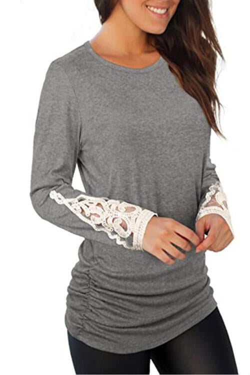 Dim Gray Lace Detail Long Sleeve Round Neck T-Shirt Sentient Beauty Fashions Apparel &amp; Accessories