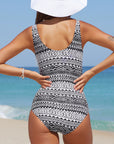 Dark Gray Geometric Lace-Up One-Piece Swimsuit Sentient Beauty Fashions swimwear