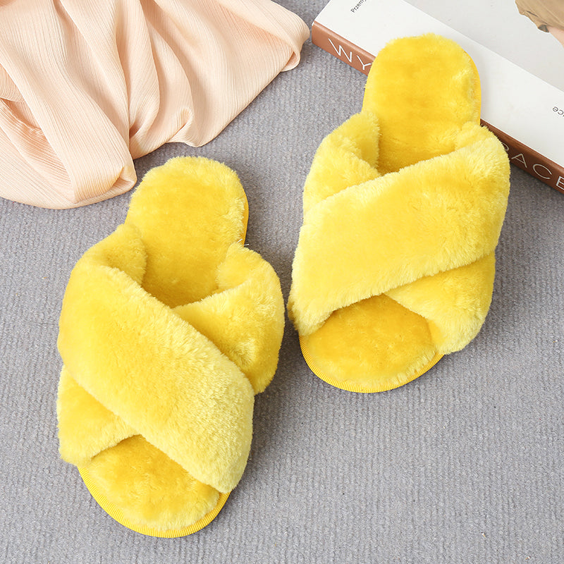 Tan Faux Fur Crisscross Strap Slippers Sentient Beauty Fashions slippers