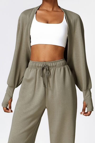 Dim Gray Open Front Long Sleeve Cropped Active Outerwear Sentient Beauty Fashions Apparel & Accessories