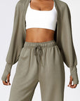 Dim Gray Open Front Long Sleeve Cropped Active Outerwear Sentient Beauty Fashions Apparel & Accessories