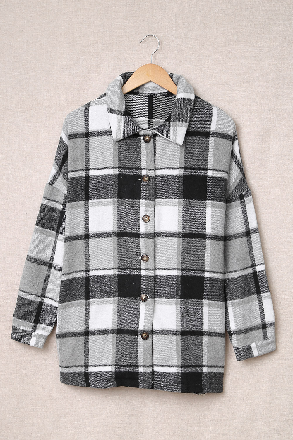 Light Gray Double Take Plaid Dropped Shoulder Pocketed Shirt Jacket Sentient Beauty Fashions Apparel & Accessories