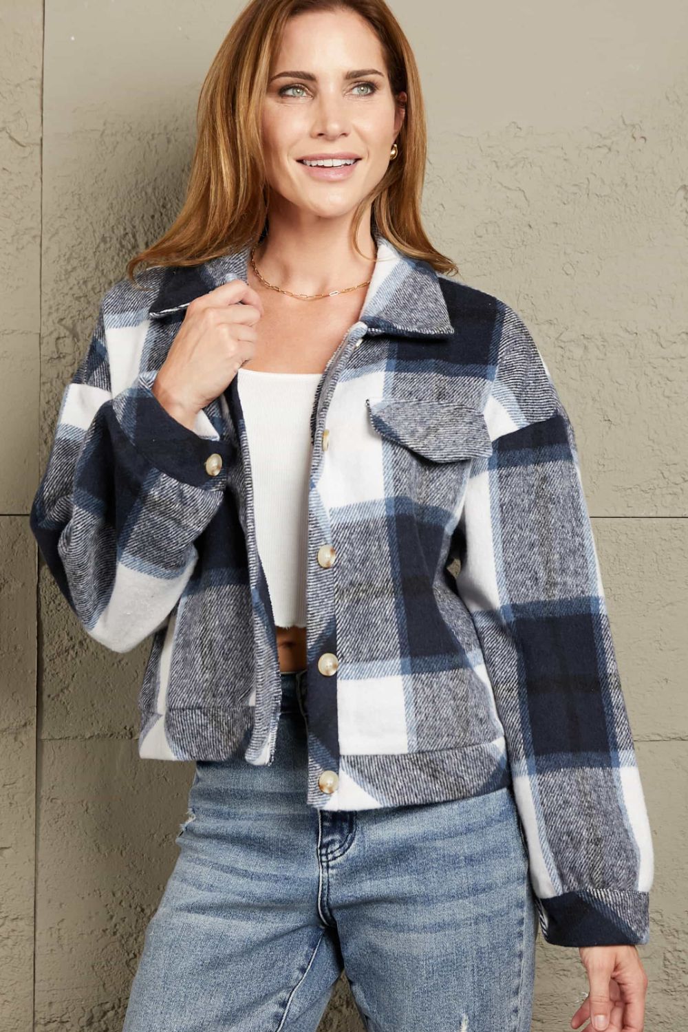 Dark Gray Double Take Plaid Button Front Dropped Shoulder Collared Jacket Sentient Beauty Fashions Apparel &amp; Accessories