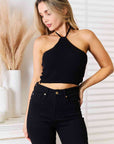 Black Basic Bae Halter Neck Ribbed Cropped Knit Top Sentient Beauty Fashions