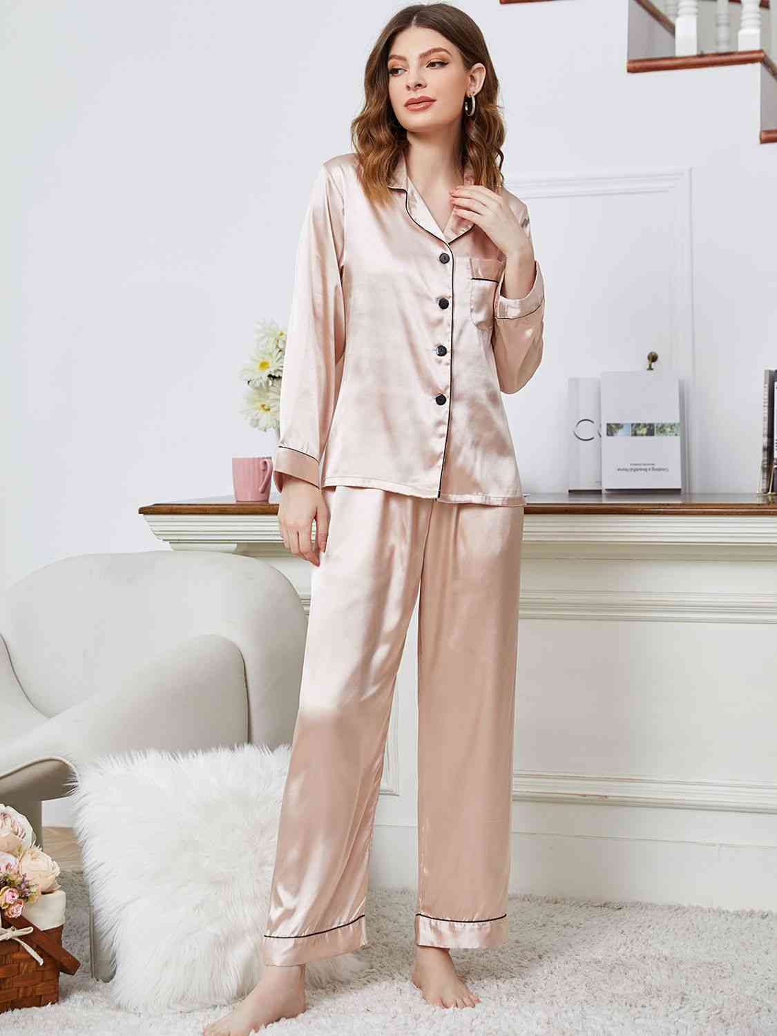 Light Gray Lapel Collar Long Sleeve Top and Pants Pajama Set Sentient Beauty Fashions Apparel & Accessories