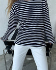 Dark Slate Gray Round Neck Striped Dropped Shoulder T-Shirt