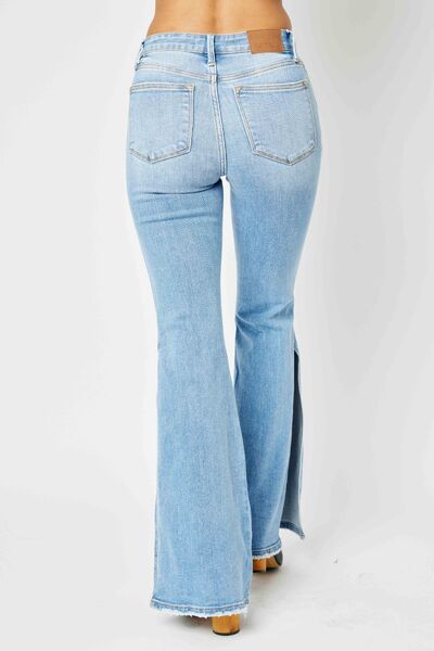 Light Gray Judy Blue Full Size Mid Rise Raw Hem Slit Flare Jeans Sentient Beauty Fashions Apparel & Accessories