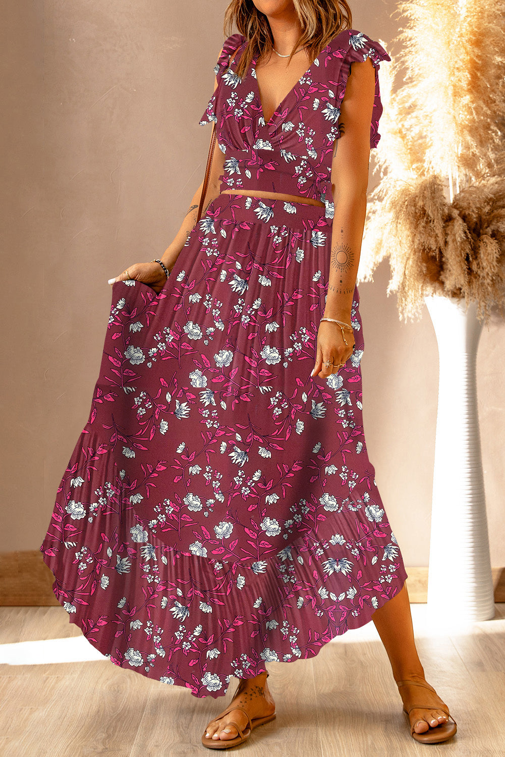 Rosy Brown Printed Tie Back Cropped Top and Maxi Skirt Set Sentient Beauty Fashions Apparel & Accessories