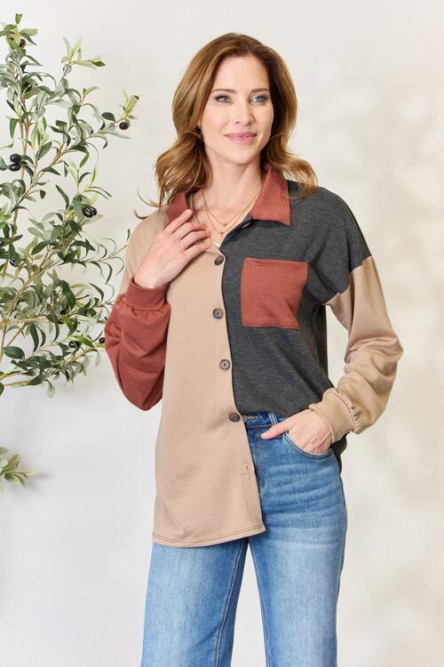 Light Gray Heimish Full Size Color Block Button Down Shacket Sentient Beauty Fashions Apparel &amp; Accessories