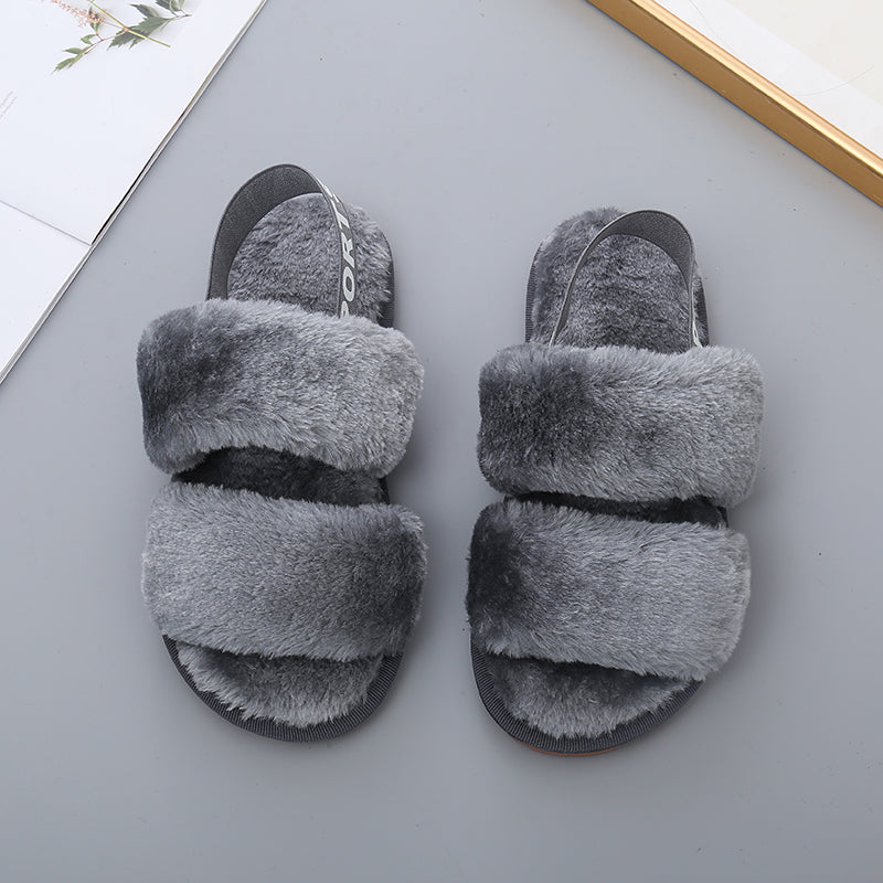 Dark Gray Faux Fur Open Toe Slippers Sentient Beauty Fashions slippers