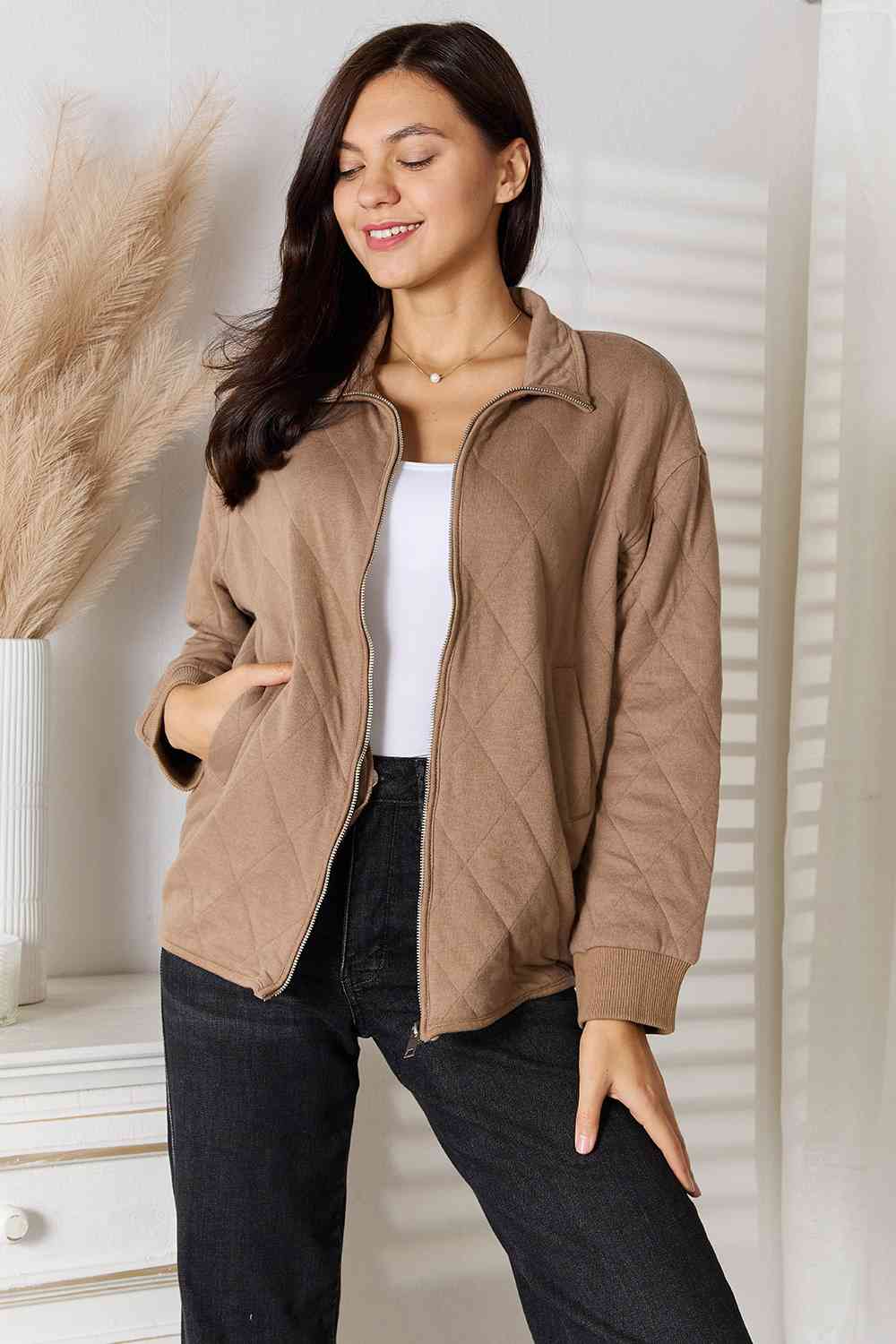 Rosy Brown Heimish Full Size Zip-Up Jacket with Pockets Sentient Beauty Fashions Apparel &amp; Accessories