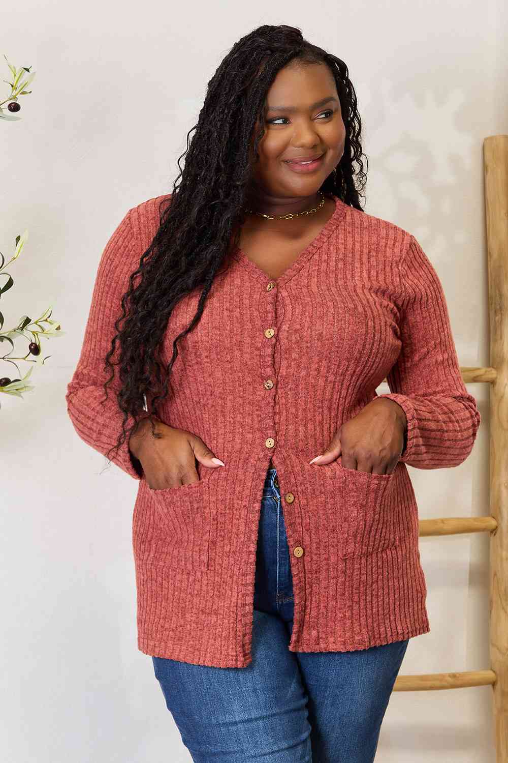 Light Gray Double Take Ribbed Button-Up Cardigan with Pockets Sentient Beauty Fashions Apparel &amp; Accessories