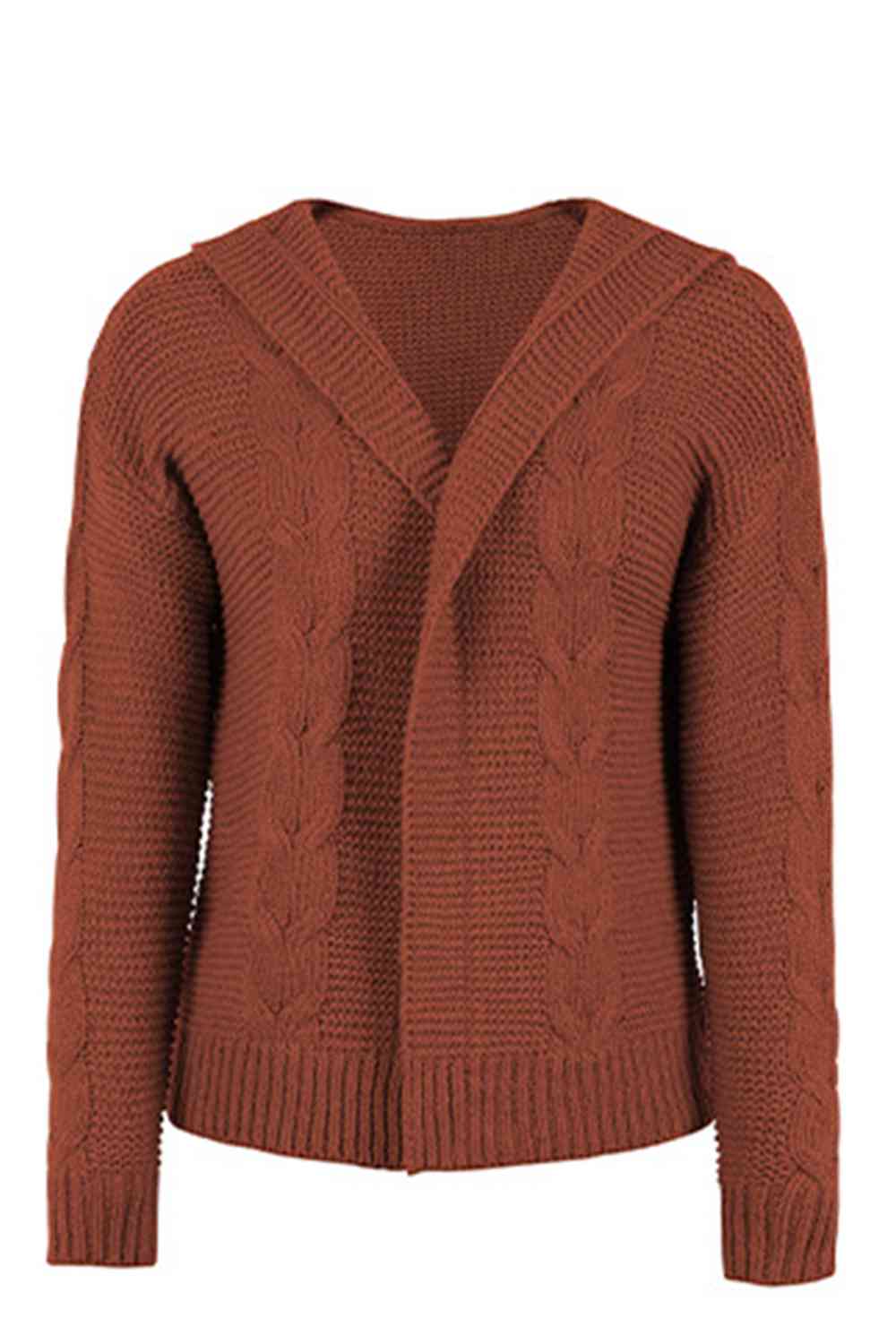 Saddle Brown Cable-Knit Dropped Shoulder Hooded Cardigan