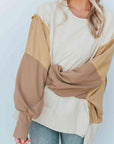 Gray Color Block Exposed Seam Lantern Sleeve Sweatshirt