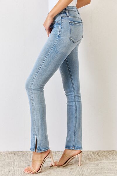 Light Gray Kancan Full Size Mid Rise Y2K Slit Bootcut Jeans Sentient Beauty Fashions Apparel & Accessories
