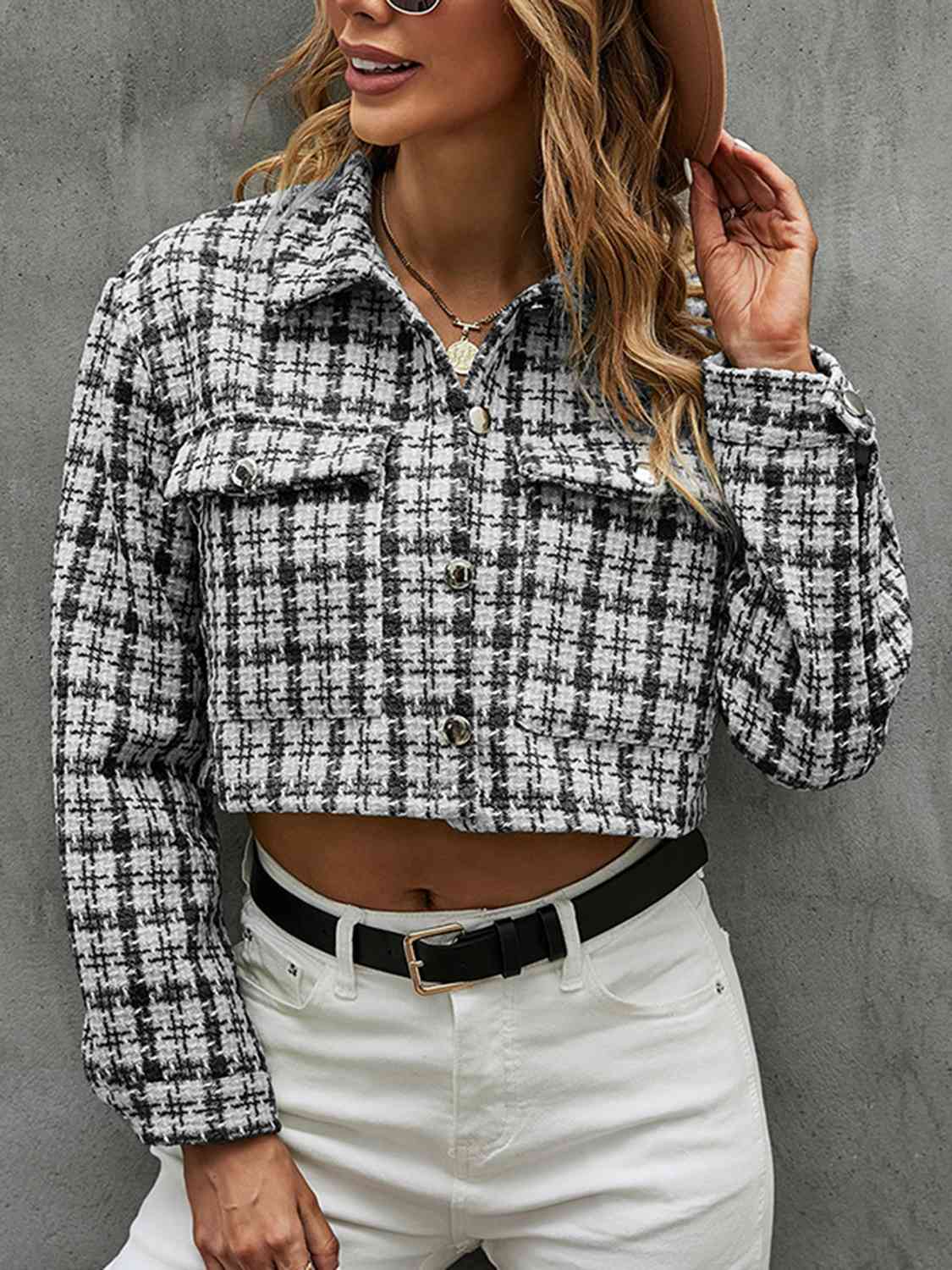 Dim Gray Plaid Button Up Collared Neck Long Sleeve Jacket Sentient Beauty Fashions jackets