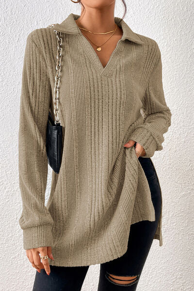 Rosy Brown Slit Johnny Collar Long Sleeve Sweater Sentient Beauty Fashions Apparel & Accessories