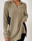 Rosy Brown Slit Johnny Collar Long Sleeve Sweater Sentient Beauty Fashions Apparel & Accessories
