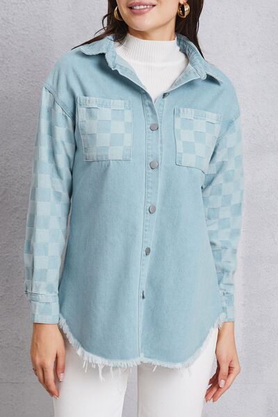 Gray Raw Hem Checkered Dropped Shoulder Denim Jacket Sentient Beauty Fashions Apparel &amp; Accessories