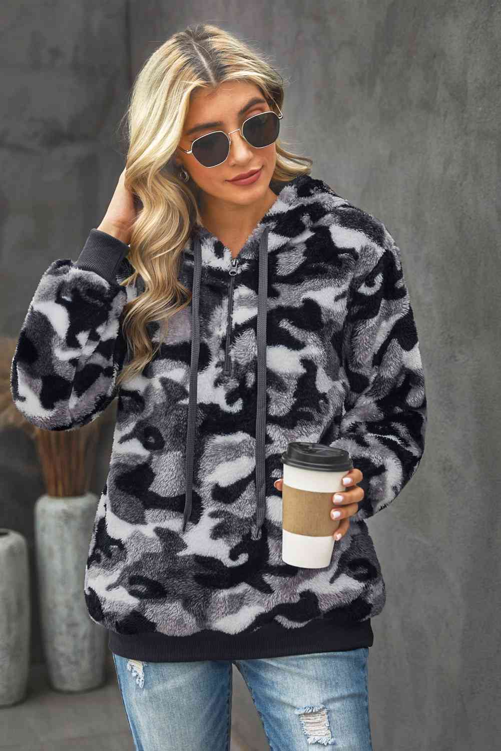 Dim Gray Camouflage Half Zip Fuzzy Hoodie Sentient Beauty Fashions Apparel &amp; Accessories