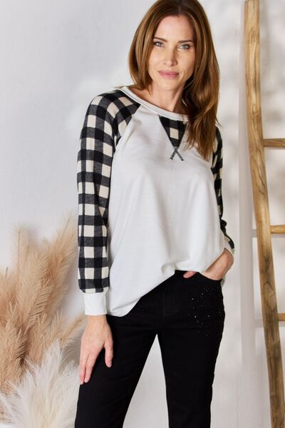 Gray Hailey &amp; Co Full Size Plaid Raglan Sleeve Round Neck Blouse Sentient Beauty Fashions Apparel &amp; Accessories