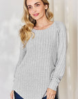 Light Gray Basic Bae Full Size Ribbed Round Neck Slit T-Shirt Sentient Beauty Fashions Apparel & Accessories