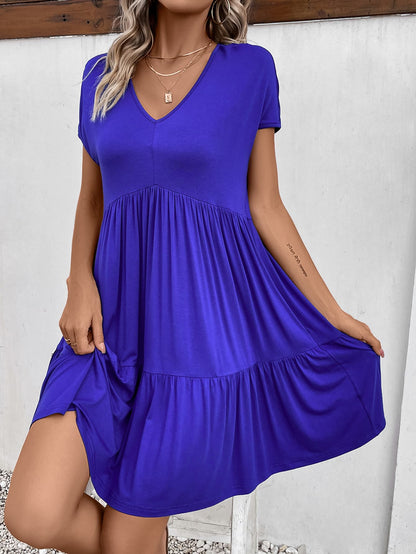 Dark Slate Blue V-Neck Short Sleeve Dress with Pockets