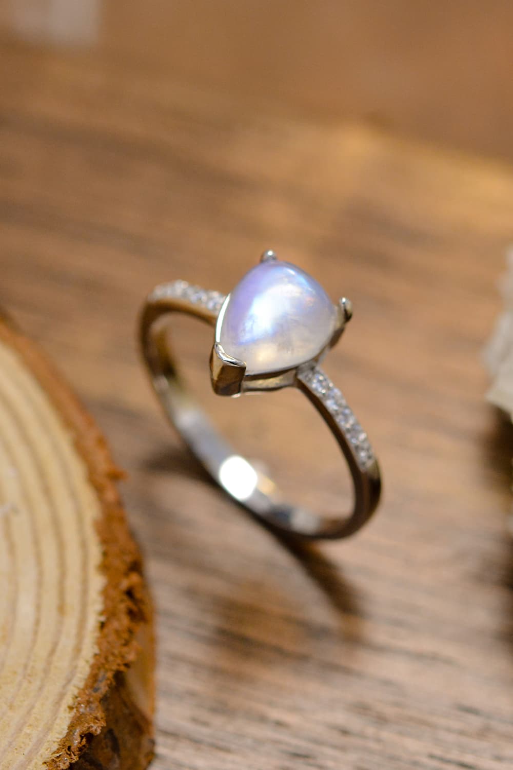 Rosy Brown High Quality Natural Moonstone Teardrop Side Stone Ring