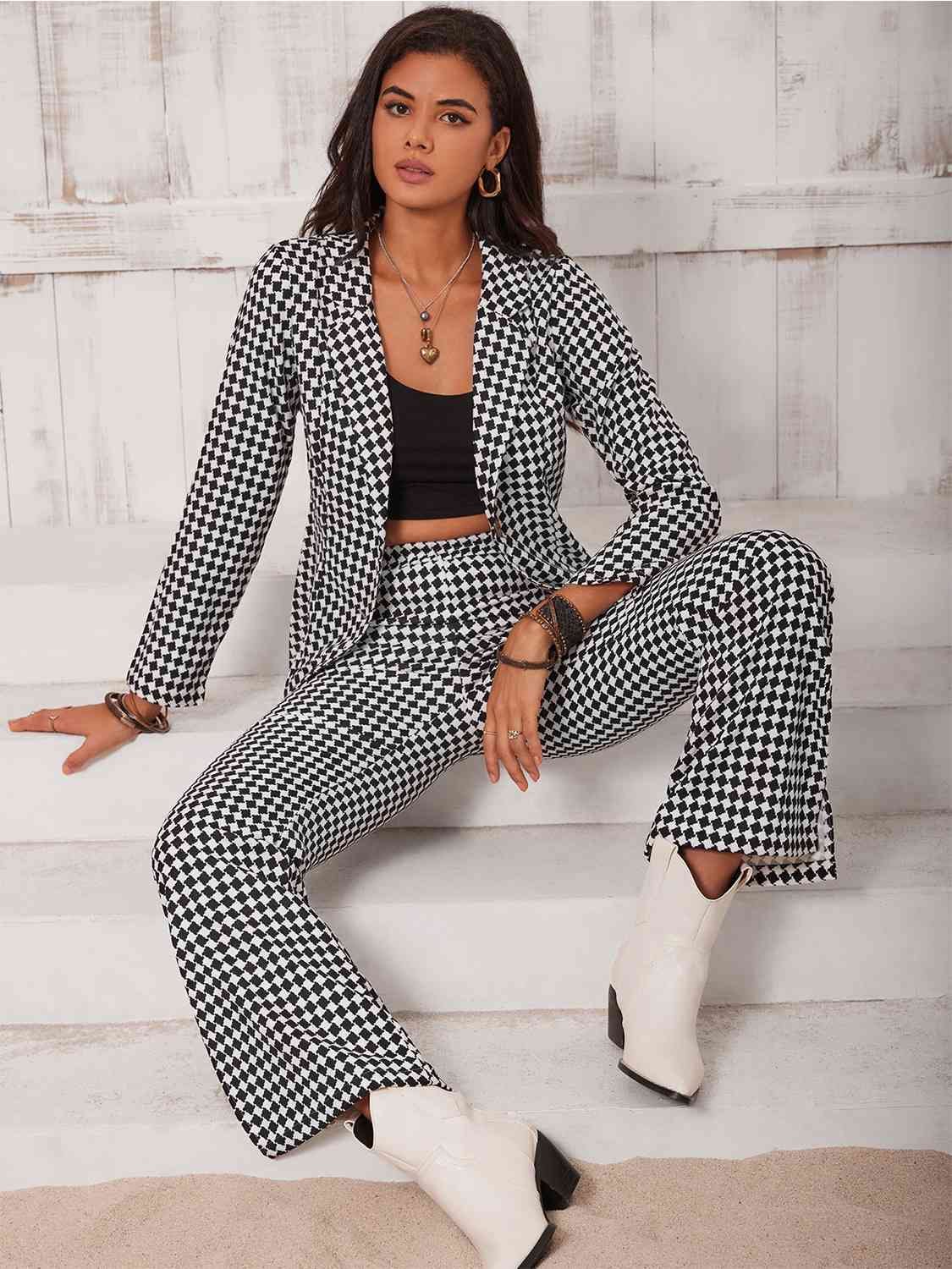 Checkered Blazer & Slit Pants Set