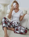 Dark Gray V-Neck Tee and Plaid Pants Lounge Set Sentient Beauty Fashions Apparel & Accessories