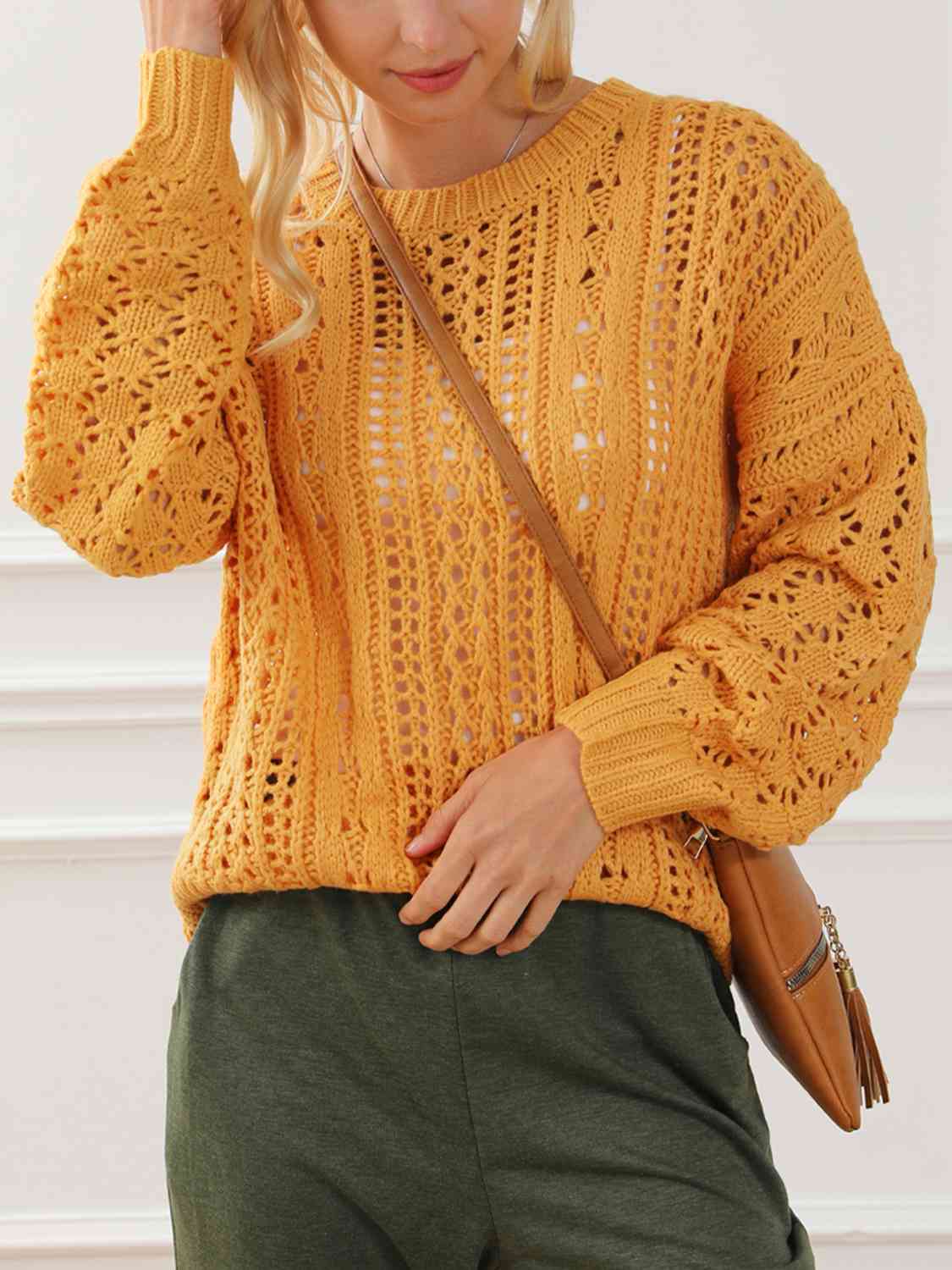 Chocolate Openwork Round Neck Long Sleeve Sweater Sentient Beauty Fashions Apparel & Accessories