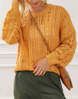 Chocolate Openwork Round Neck Long Sleeve Sweater