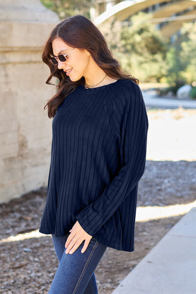Dark Gray Basic Bae Full Size Ribbed Round Neck Long Sleeve Knit Top Sentient Beauty Fashions Apparel &amp; Accessories