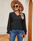 Dark Slate Gray V-Neck Flounce Sleeve Blouse