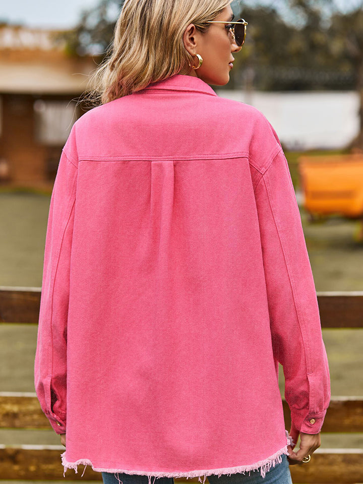 Pale Violet Red Raw Hem Denim Jacket with Pockets Sentient Beauty Fashions Apparel &amp; Accessories