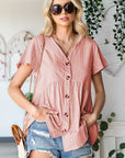Gray Button Down V-Neck Short Sleeve Shirt Sentient Beauty Fashions Tops