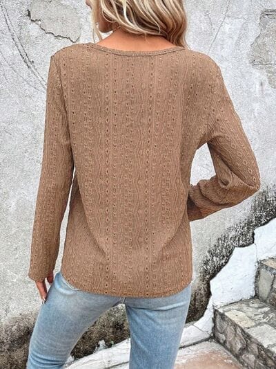 Rosy Brown Openwork Half Button Long Sleeve Blouse