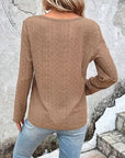 Rosy Brown Openwork Half Button Long Sleeve Blouse